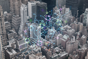 Aerial birds eye panoramic city view of Upper Manhattan area and East Side neighborhoods, New York city, USA. Artificial Intelligence concept, hologram. AI, machine learning, neural network, robotics