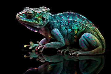 Image of a chameleon with beautiful bright colors on black background. Pet. Animals. Illustration. Generative AI.