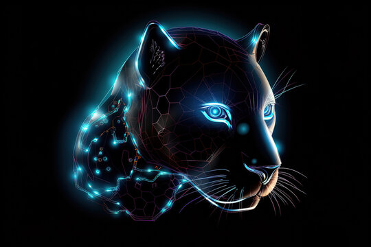 Image of a black panther with light that is in the digital world on a dark background. Wildlife Animals. illustration, generative AI.