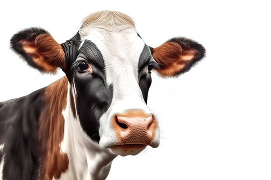Image of cow on white background. Farm animals. Illustration, generative AI.