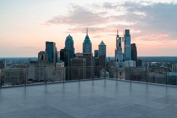 Obraz premium Skyscrapers Cityscape Downtown, Philladelphia Skyline Buildings. Beautiful Real Estate. Sunset. Empty rooftop View. Success concept.