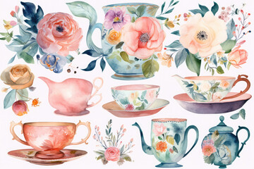 Cute princess tea set collection with florals. Watercolor elements for card decoration or scrapbooking. Isolated cups and mugs for fun stickers, menus, invitations, towels, generative AI