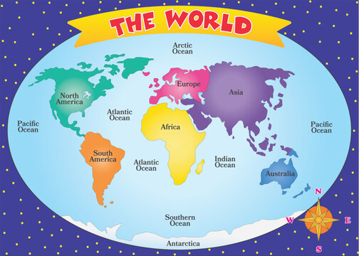 World Map Highlighting the Seven Continents and five ocean. Colorful Illustration. vector