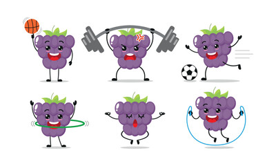 Healthy Grape Exercise Sport Different Activity Vector Illustration Sticker Character Gymnasium