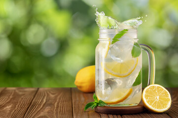 glass mason jar of lemonade with splash