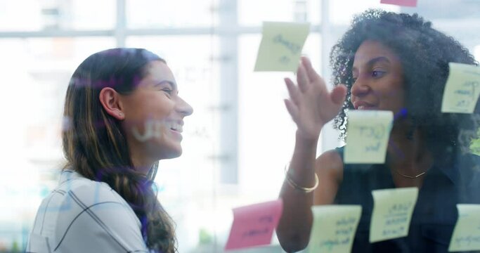 Planning board, happy and business women talking about creative design, agency development project or teamwork. Sticky note, diversity and office people, team or partner working on moodboard ideas