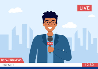 Headline or breaking news reporter on tv in flat design.