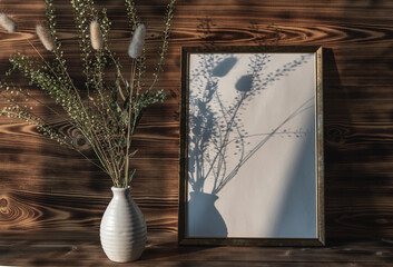 Template with blank photo frame. Bouquet with dried plants in vase. Wooden background. Sunset light.