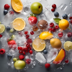 Fresh Fruits with Ice From Top View. Generative AI