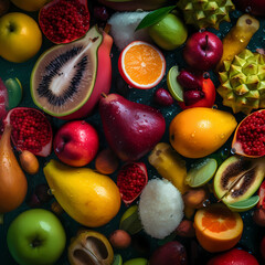 Fresh Tropical Fruits From Top View. Generative AI