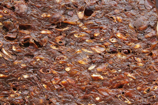Tamarindus indica which has been processed into ingredients. showing close up texture of tamarind in local market