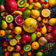 Naklejka na ściany i meble Fresh Fruits From Top View. Generative AI