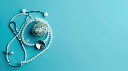 World Health Day for sale banner background with stethoscope and miniature earth on blue background