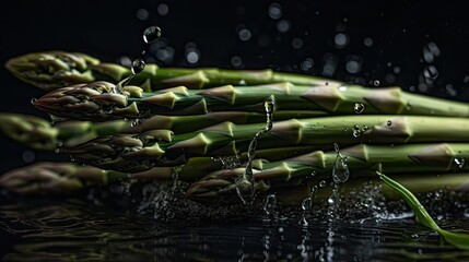 Asparagus hit by splashes of water with perfect viewing angles and blurred background