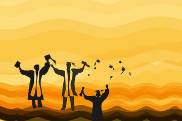 Graduate silhouettes celebrating graduation in a watercolor sunrise stylized background. - 606945969