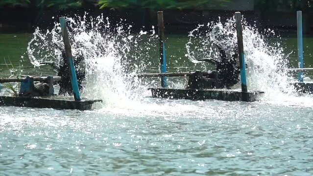 The water turbine is adding oxygen in to the water slow motion