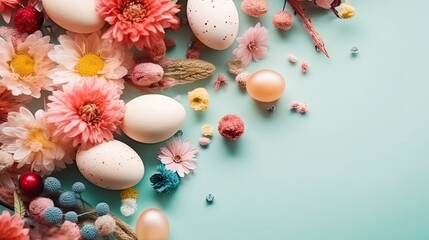 Happy Easter Day for sale banner background with colorful eggs and plants on pastel background