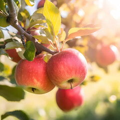 Three Fresh Apple On The Apple Tree. Generative AI