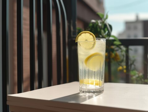 Summer refreshing lemonade with lemons on a balcony. Generative AI