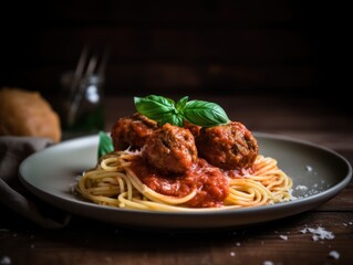 Spaghetti pasta with meatballs and tomato sauce on wooden table. Generative AI