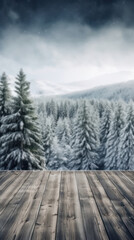 an empty frozen wooden floor in the foreground against a snowy coniferous forest in the background. Vertical format winter concept background for product presentation or as copy space.