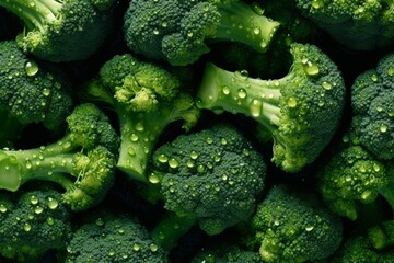 Fresh green broccoli with water droplets on it, close-up. Ai generated. - obrazy, fototapety, plakaty