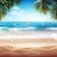 Fototapeta na wymiar Sand beach with palm tree leaves with blurred sea background