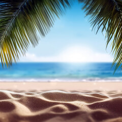 Fototapeta na wymiar Sand beach with palm tree leaves with blurred sea background