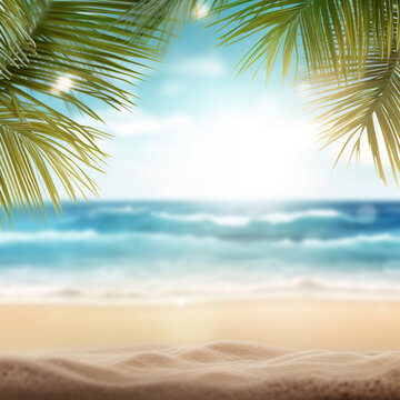 Sand beach with palm tree leaves with blurred sea background