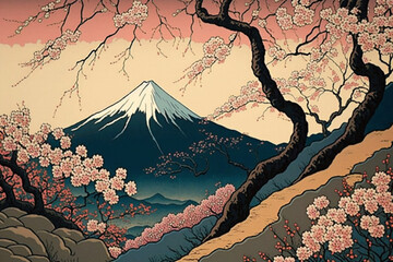 桜と富士山（浮世絵風）：AI生成画像
