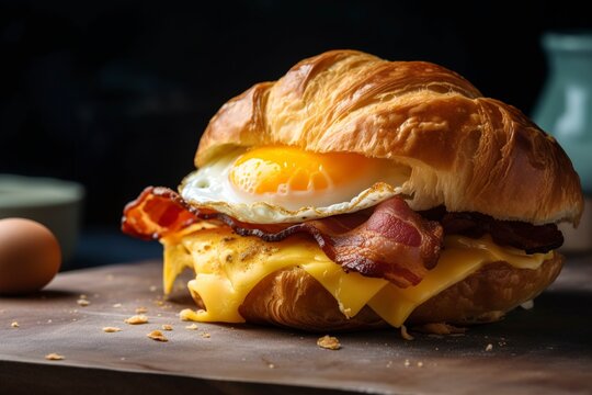 Classic sandwich with a fluffy egg, bacon, and melty cheese. (Generative AI)