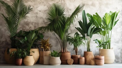 Unmistakable tropical plants in wicker pots near white divider at household. Creative resource, AI Generated