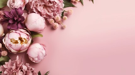 Peonies, roses on pink establishment with copy space. Inquisitively characteristic create chart organize with substance space. Creative resource, AI Generated - obrazy, fototapety, plakaty