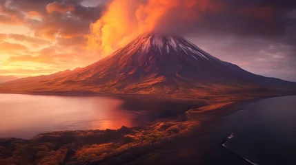 Foto auf Alu-Dibond Disorienting sunset, mountain and lake. Creative resource, AI Generated © Denys