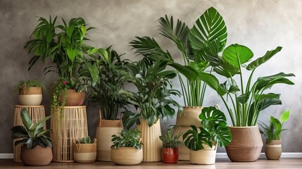 Unmistakable tropical plants in wicker pots near white divider at family. Creative resource, AI Generated