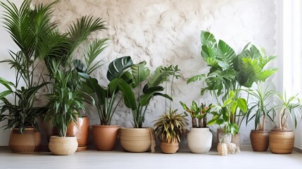 Unmistakable tropical plants in wicker pots near white divider at family. Creative resource, AI Generated