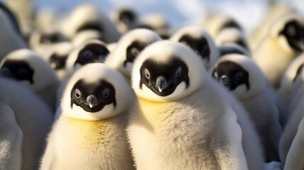 Head Penguin Chicks, Snow Incline Island, Antarctic Landmass. Creative resource, AI Generated - obrazy, fototapety, plakaty