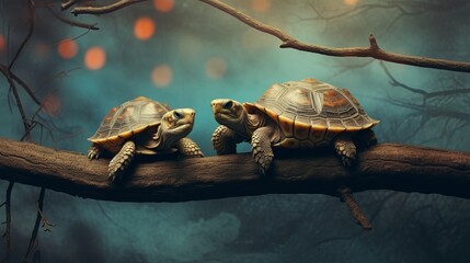 Two turtles on tree division. Creative resource, AI Generated