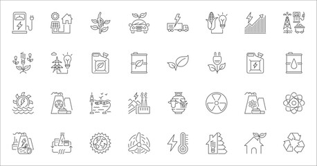 Obraz na płótnie Canvas Energy related vector linear icon set. Energy industry. Electricity manufacturing technologies and modern facilities. Vector outline illustration Isolated on white background. Editable stroke