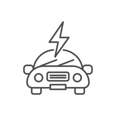 Electric car related vector linear icon. Eco friendly auto. Green vehicle. Automobile with lightning. Vector outline illustration Isolated on white background. Editable stroke