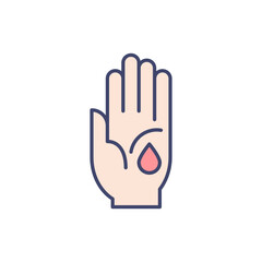 Wound related vector line icon. Hand, drop, blood, palm. Isolated on white background. Vector illustration. Editable stroke