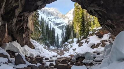 See of softening snow in a cave. Creative resource, AI Generated