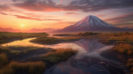 Fototapeta premium Disorienting nightfall, mountain and lake. Creative resource, AI Generated