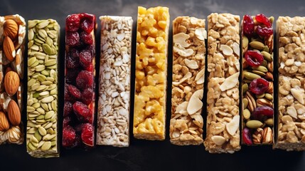 Unmistakable granola bars on table establishment. Cereal granola bars. Superfood breakfast bars with oats, nuts and berries, close. Creative resource, AI Generated