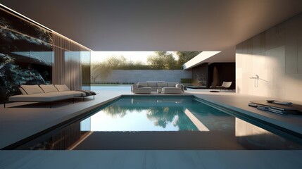 Organize picture of cutting edge organize living room and pool. Creative resource, AI Generated - obrazy, fototapety, plakaty