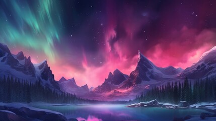 Bothered Mountains with Aurora Borealis. Fuchsia Sky Foundation with copyspace. Creative resource, AI Generated - obrazy, fototapety, plakaty