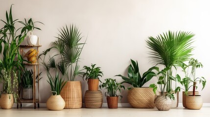 Unmistakable tropical plants in wicker pots close white divider at family. Creative resource, AI Generated