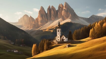 Church inward parts parts the valley, overwhelming nature see. Creative resource, AI Generated - obrazy, fototapety, plakaty