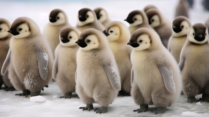 Head Penguin Chicks, Snow Slant Island, Antarctic Landmass. Creative resource, AI Generated - obrazy, fototapety, plakaty