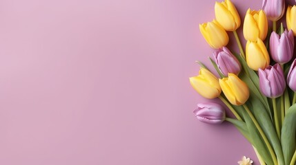 Mother's Day climate thought. Best see composition of bouquets of pink yellow tulips develops and colorful hearts doodads. Creative resource, AI Generated - obrazy, fototapety, plakaty